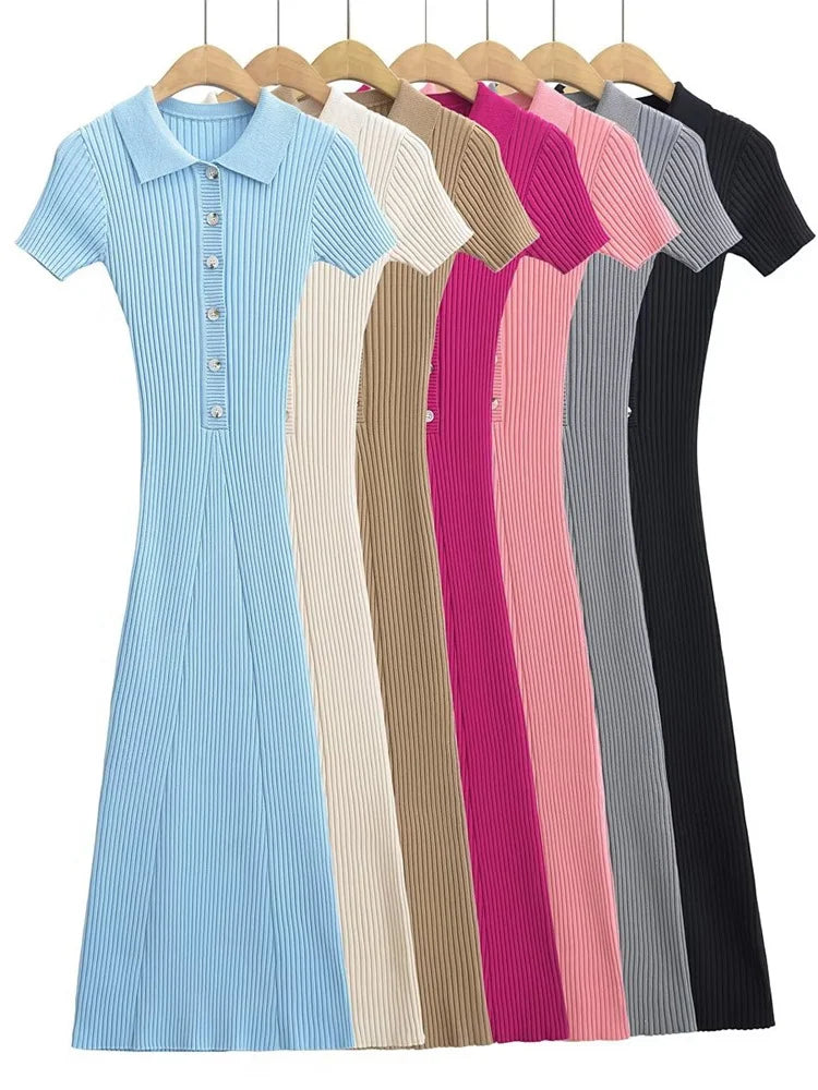 Ribbed High Waist Slim Maxi Dress For Women Knitwear Lapel Casual Elegant Party Dress Gown Fashion Short Sleeve Knit Dress