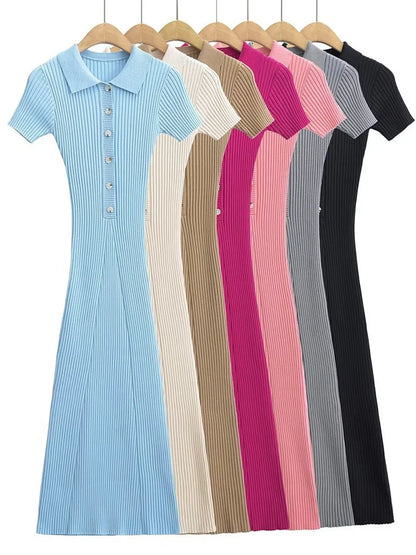 Ribbed High Waist Slim Maxi Dress For Women Knitwear Lapel Casual Elegant Party Dress Gown Fashion Short Sleeve Knit Dress