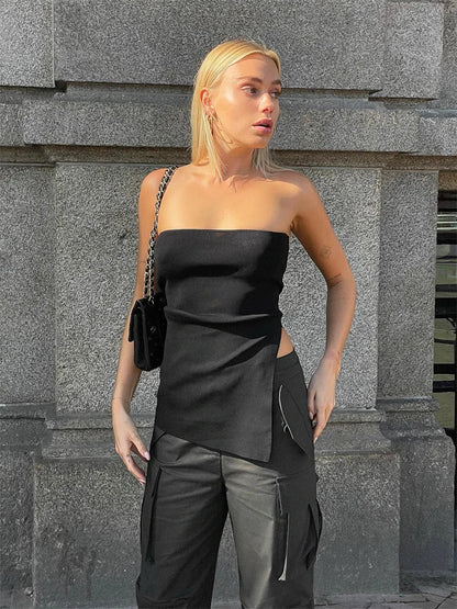 Top de tubo de punto acanalado de verano sin tirantes, informal, estilo urbano, largo, tipo bustier, para mujer, negro, bandeau, corsé envolvente