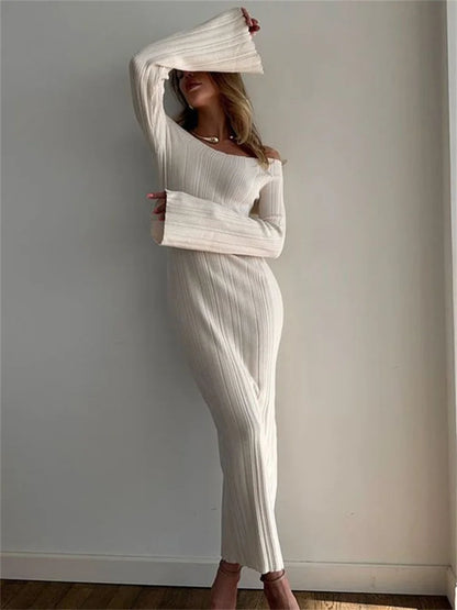 Vestido largo de punto acanalado con hombros descubiertos para mujer, elegante, ajustado, de manga larga, cintura alta, sin espalda, vestido maxi holgado de punto
