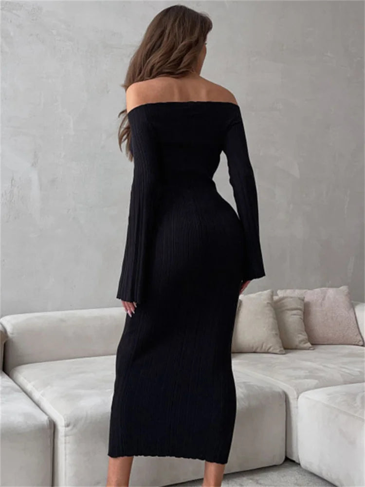 Vestido largo de punto acanalado con hombros descubiertos para mujer, elegante, ajustado, de manga larga, cintura alta, sin espalda, vestido maxi holgado de punto