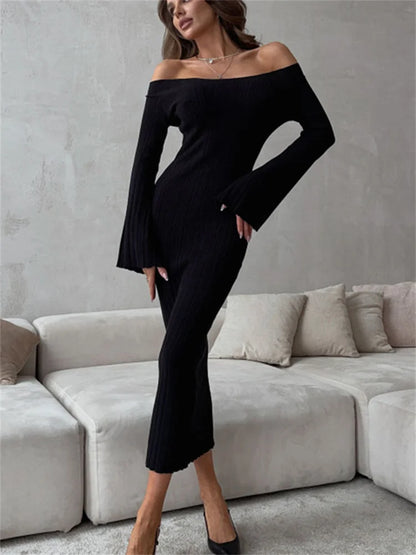 Vestido largo de punto acanalado con hombros descubiertos para mujer, elegante, ajustado, de manga larga, cintura alta, sin espalda, vestido maxi holgado de punto