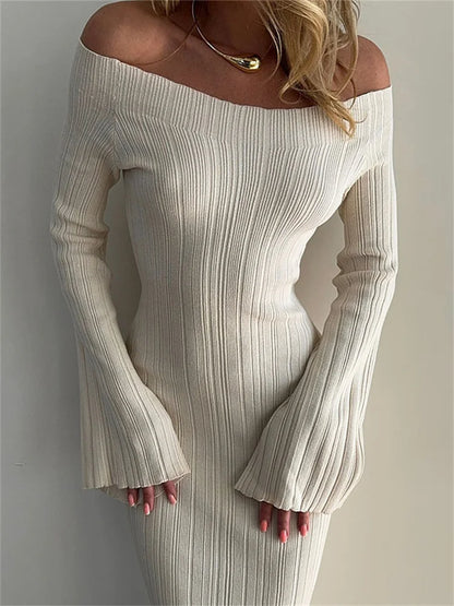 Vestido largo de punto acanalado con hombros descubiertos para mujer, elegante, ajustado, de manga larga, cintura alta, sin espalda, vestido maxi holgado de punto