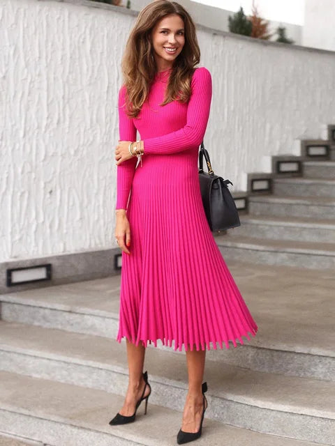 Vestido de punto plisado acanalado para mujer, suelto, de moda, con retazos, manga larga, cintura alta, de punto, vestido maxi femenino de otoño, nuevo