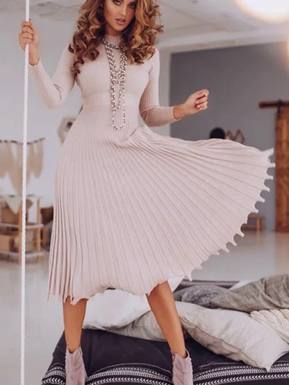 Vestido de punto plisado acanalado para mujer, suelto, de moda, con retazos, manga larga, cintura alta, de punto, vestido maxi femenino de otoño, nuevo