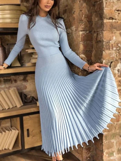 Vestido de punto plisado acanalado para mujer, suelto, de moda, con retazos, manga larga, cintura alta, de punto, vestido maxi femenino de otoño, nuevo