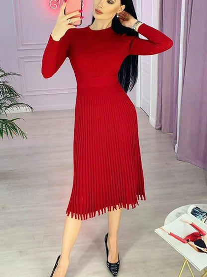 Vestido de punto plisado acanalado para mujer, suelto, de moda, con retazos, manga larga, cintura alta, de punto, vestido maxi femenino de otoño, nuevo