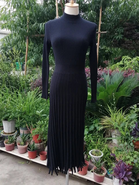 Vestido de punto plisado acanalado para mujer, suelto, de moda, con retazos, manga larga, cintura alta, de punto, vestido maxi femenino de otoño, nuevo