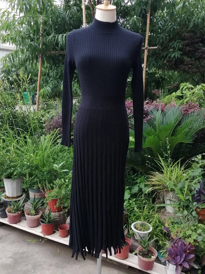 Vestido de punto plisado acanalado para mujer, suelto, de moda, con retazos, manga larga, cintura alta, de punto, vestido maxi femenino de otoño, nuevo