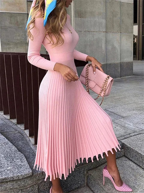 Vestido de punto plisado acanalado para mujer, suelto, de moda, con retazos, manga larga, cintura alta, de punto, vestido maxi femenino de otoño, nuevo