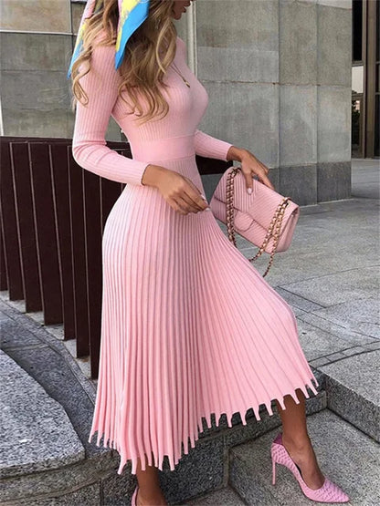 Vestido de punto plisado acanalado para mujer, suelto, de moda, con retazos, manga larga, cintura alta, de punto, vestido maxi femenino de otoño, nuevo