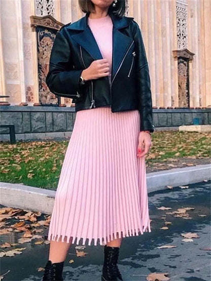 Vestido de punto plisado acanalado para mujer, suelto, de moda, con retazos, manga larga, cintura alta, de punto, vestido maxi femenino de otoño, nuevo