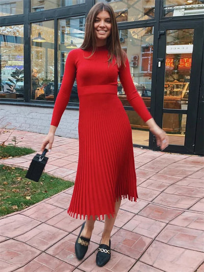 Vestido de punto plisado acanalado para mujer, suelto, de moda, con retazos, manga larga, cintura alta, de punto, vestido maxi femenino de otoño, nuevo