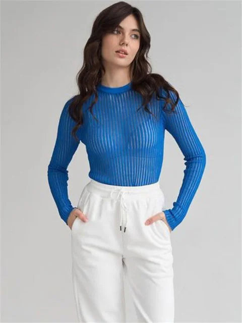 Ribbed See-Through Knit Pullover Female Hollow Out Slim Solid Long Sleeve Top Sheer Casual Knitwear Ladies Pullover Summer