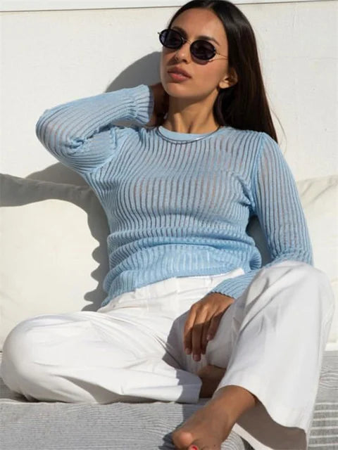 Ribbed See-Through Knit Pullover Female Hollow Out Slim Solid Long Sleeve Top Sheer Casual Knitwear Ladies Pullover Summer