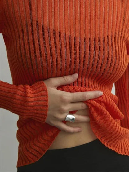 Ribbed See-Through Knit Pullover Female Hollow Out Slim Solid Long Sleeve Top Sheer Casual Knitwear Ladies Pullover Summer