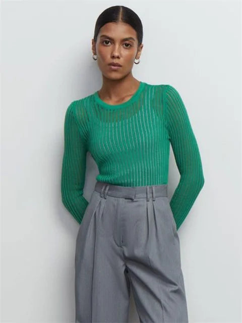 Ribbed See-Through Knit Pullover Female Hollow Out Slim Solid Long Sleeve Top Sheer Casual Knitwear Ladies Pullover Summer