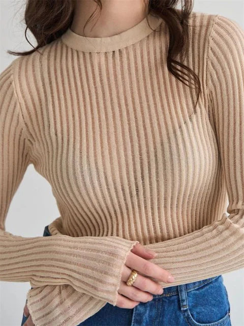 Ribbed See-Through Knit Pullover Female Hollow Out Slim Solid Long Sleeve Top Sheer Casual Knitwear Ladies Pullover Summer