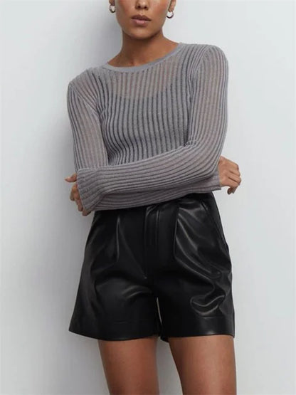 Ribbed See-Through Knit Pullover Female Hollow Out Slim Solid Long Sleeve Top Sheer Casual Knitwear Ladies Pullover Summer