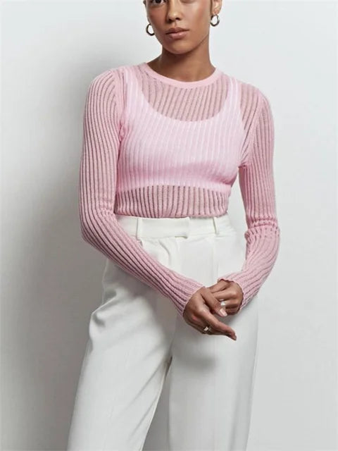 Ribbed See-Through Knit Pullover Female Hollow Out Slim Solid Long Sleeve Top Sheer Casual Knitwear Ladies Pullover Summer