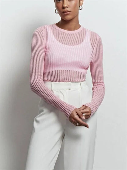 Ribbed See-Through Knit Pullover Female Hollow Out Slim Solid Long Sleeve Top Sheer Casual Knitwear Ladies Pullover Summer