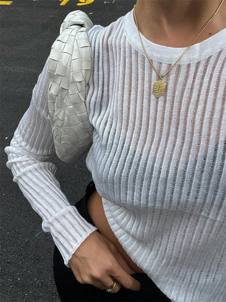 Ribbed See-Through Knit Pullover Female Hollow Out Slim Solid Long Sleeve Top Sheer Casual Knitwear Ladies Pullover Summer