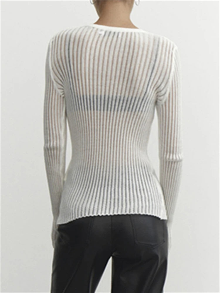 Ribbed See-Through Knit Pullover Female Hollow Out Slim Solid Long Sleeve Top Sheer Casual Knitwear Ladies Pullover Summer