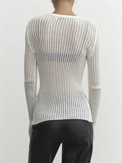 Ribbed See-Through Knit Pullover Female Hollow Out Slim Solid Long Sleeve Top Sheer Casual Knitwear Ladies Pullover Summer