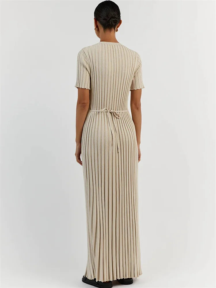 Vestido largo informal de manga corta acanalado, tejido de punto, con cordones, cintura alta, liso, con parches, para otoño, nuevo