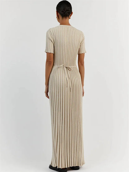 Vestido largo informal de manga corta acanalado, tejido de punto, con cordones, cintura alta, liso, con parches, para otoño, nuevo