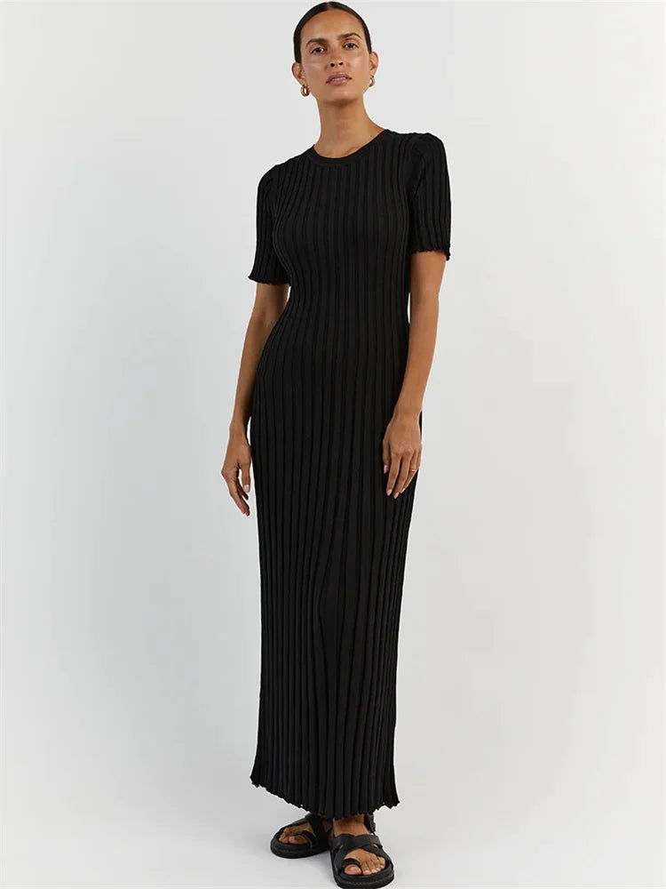 Vestido largo informal de manga corta acanalado, tejido de punto, con cordones, cintura alta, liso, con parches, para otoño, nuevo
