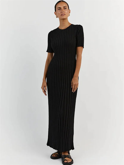 Vestido largo informal de manga corta acanalado, tejido de punto, con cordones, cintura alta, liso, con parches, para otoño, nuevo