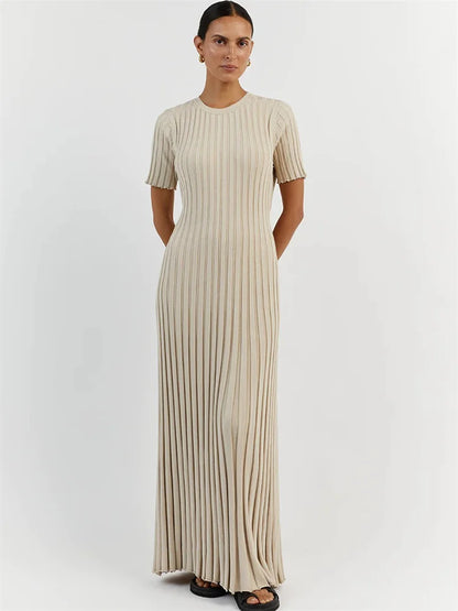 Vestido largo informal de manga corta acanalado, tejido de punto, con cordones, cintura alta, liso, con parches, para otoño, nuevo