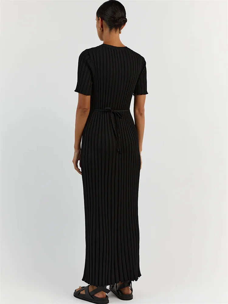 Vestido largo informal de manga corta acanalado, tejido de punto, con cordones, cintura alta, liso, con parches, para otoño, nuevo