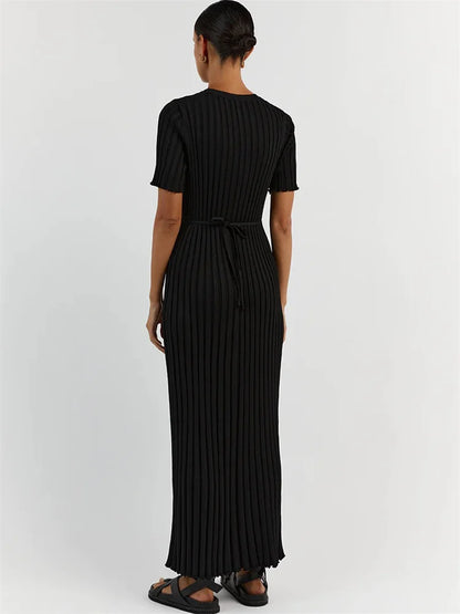 Vestido largo informal de manga corta acanalado, tejido de punto, con cordones, cintura alta, liso, con parches, para otoño, nuevo