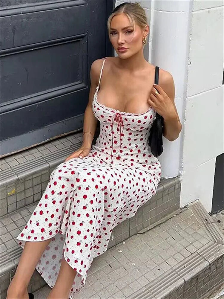 Ruffled Backless Halter Dresses Female Lace Elegant High Waist Spaghetti Patchwork Party Dress Summer Women Maxi Dress New