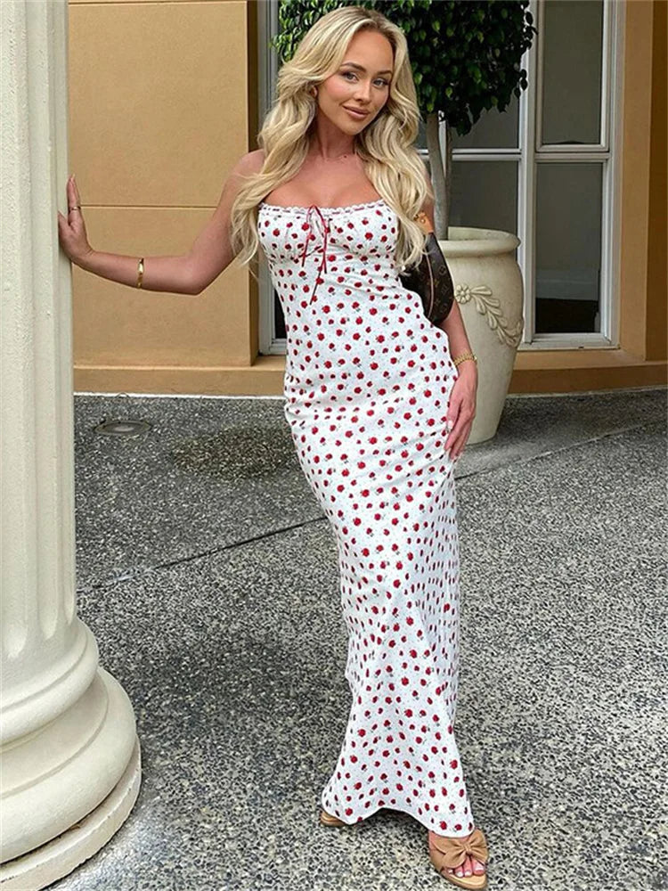 Ruffled Backless Halter Dresses Female Lace Elegant High Waist Spaghetti Patchwork Party Dress Summer Women Maxi Dress New