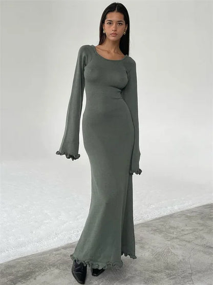 Ruffled Backless Knit Dress Solid Female Casual Lace-Up High Waist Long Sleeve Maxi Dress Knitwear Bandage Fashion Dress
