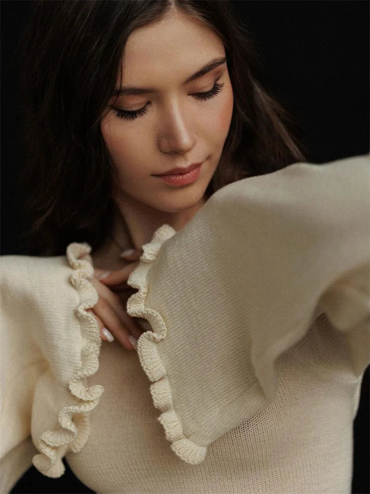 Ruffled Backless Knit Dress Solid Female Casual Lace-Up High Waist Long Sleeve Maxi Dress Knitwear Bandage Fashion Dress