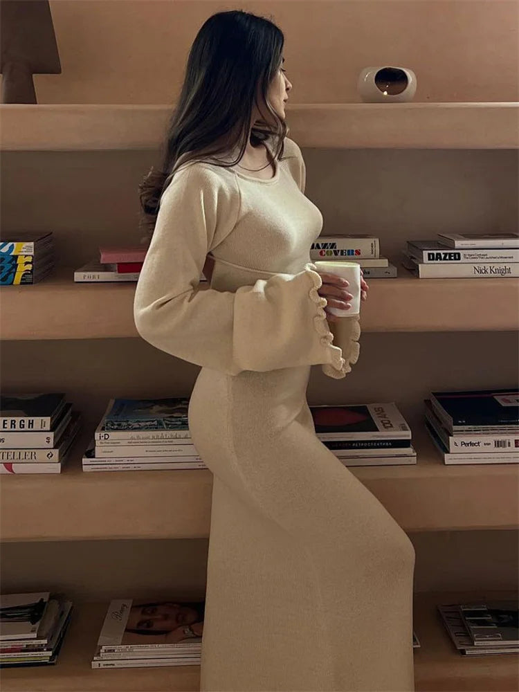Ruffled Backless Knit Dress Solid Female Casual Lace-Up High Waist Long Sleeve Maxi Dress Knitwear Bandage Fashion Dress