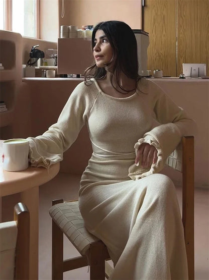 Ruffled Backless Knit Dress Solid Female Casual Lace-Up High Waist Long Sleeve Maxi Dress Knitwear Bandage Fashion Dress