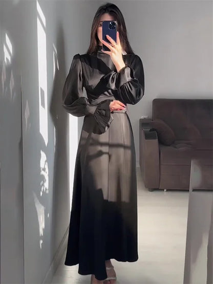 Ruffled Bandage Elegant Maxi Dress For Women Patchwork Slim Lace-Up Solid Vintage Evening Partywear Ladies Long Dress 2025