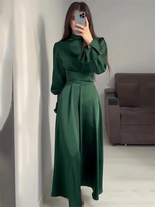 Ruffled Bandage Elegant Maxi Dress For Women Patchwork Slim Lace-Up Solid Vintage Evening Partywear Ladies Long Dress 2025