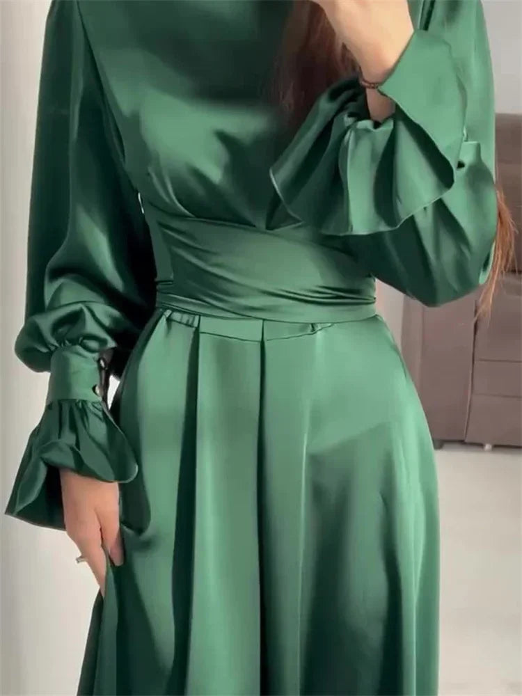 Ruffled Bandage Elegant Maxi Dress For Women Patchwork Slim Lace-Up Solid Vintage Evening Partywear Ladies Long Dress 2025
