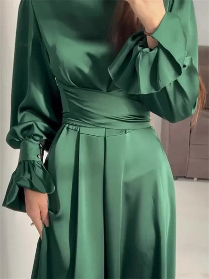 Ruffled Bandage Elegant Maxi Dress For Women Patchwork Slim Lace-Up Solid Vintage Evening Partywear Ladies Long Dress 2025