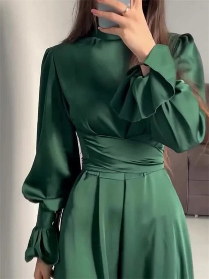 Ruffled Bandage Elegant Maxi Dress For Women Patchwork Slim Lace-Up Solid Vintage Evening Partywear Ladies Long Dress 2025