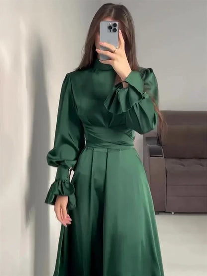 Ruffled Bandage Elegant Maxi Dress For Women Patchwork Slim Lace-Up Solid Vintage Evening Partywear Ladies Long Dress 2025