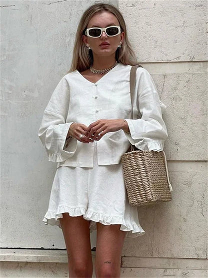 Conjuntos casuales con volantes para mujer, pantalones cortos de manga larga y cintura alta, dos piezas, lisos, hasta la rodilla, holgados, ropa de dormir femenina.