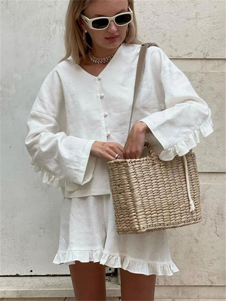 Conjuntos casuales con volantes para mujer, pantalones cortos de manga larga y cintura alta, dos piezas, lisos, hasta la rodilla, holgados, ropa de dormir femenina.