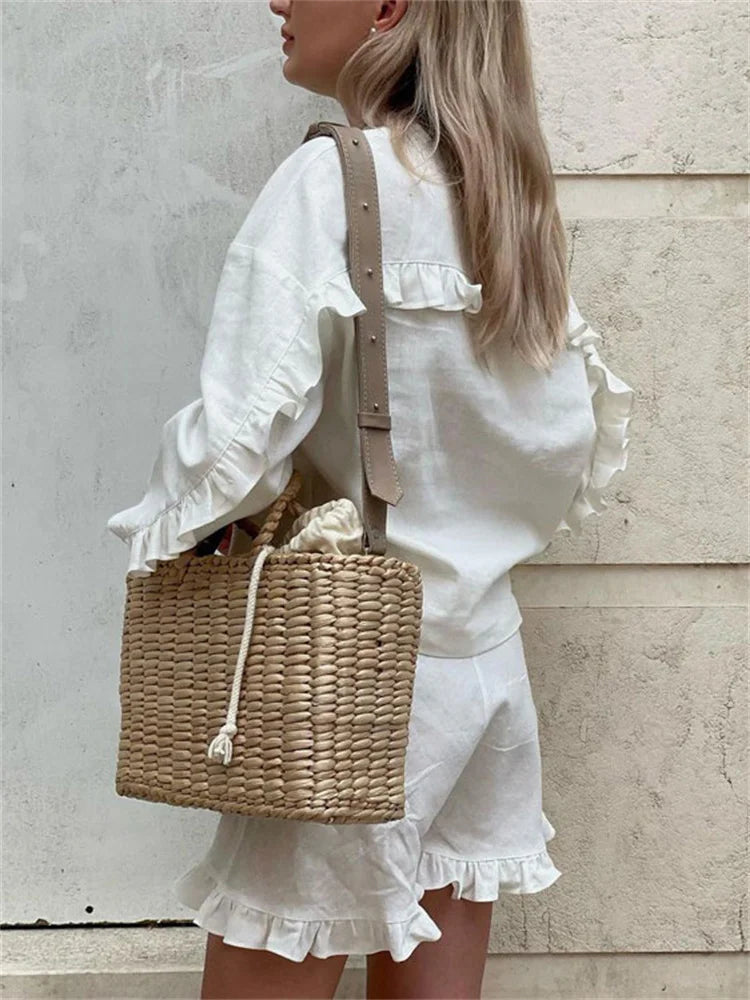 Conjuntos casuales con volantes para mujer, pantalones cortos de manga larga y cintura alta, dos piezas, lisos, hasta la rodilla, holgados, ropa de dormir femenina.